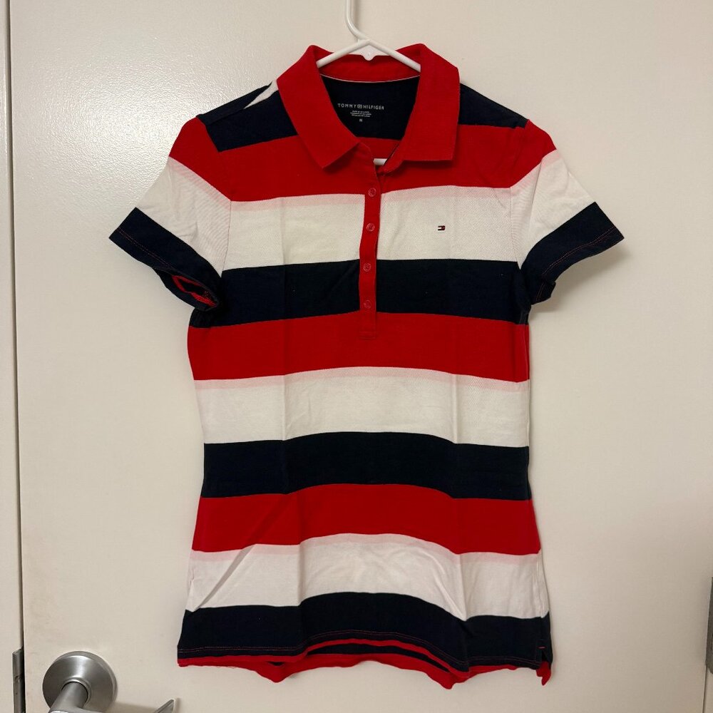 Tommy Hilfiger Women Red Heritage Snap 3 Color Striped Polo Shirt (Size M)